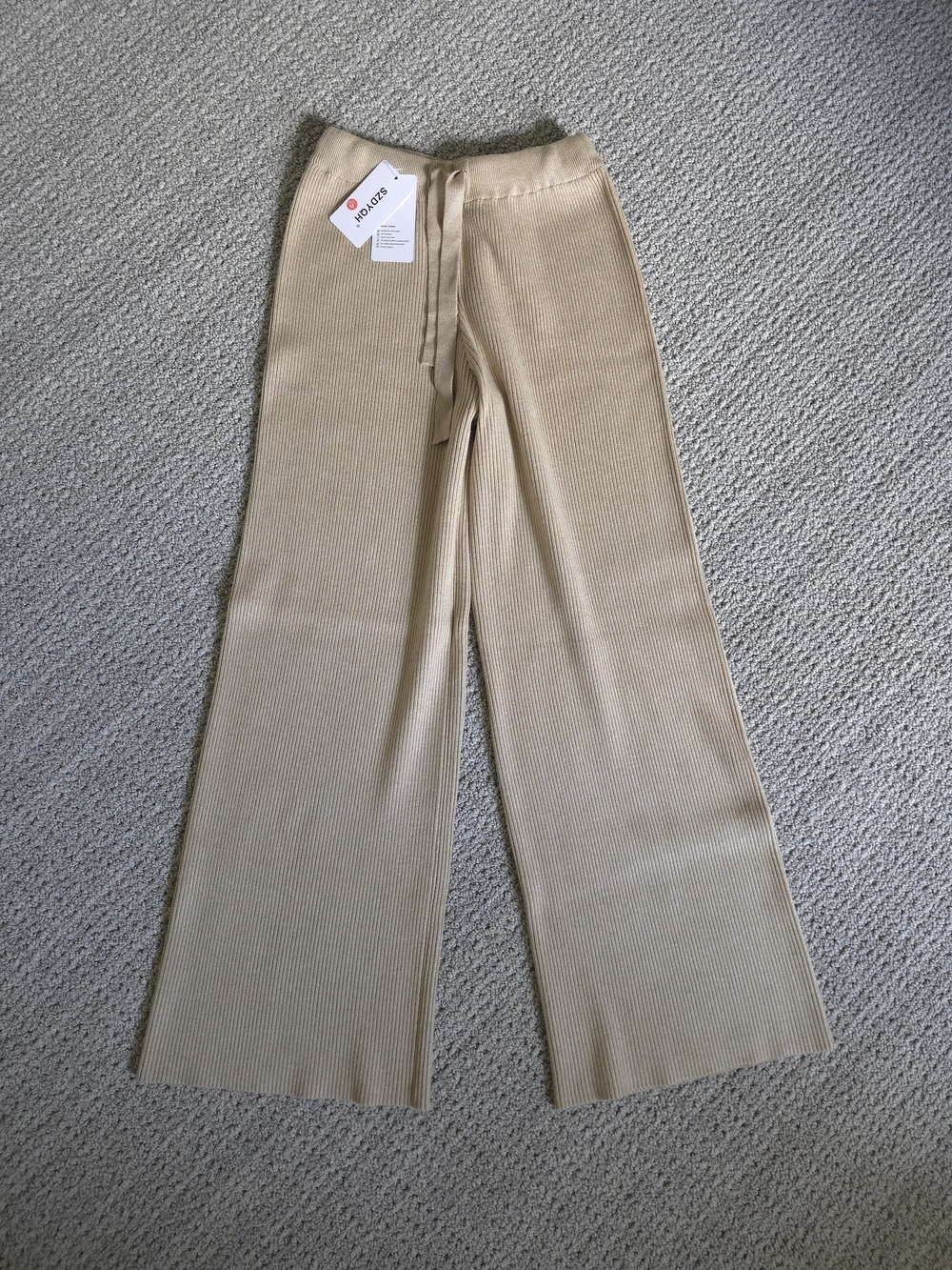 Wool Cashmere Blend Wide Leg Ribbed Knit Pants - Beige